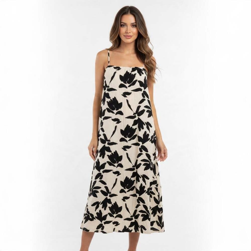 Black Cream Floral Linen Blend Midi Dress Small Strappy Boho Resort Vacation